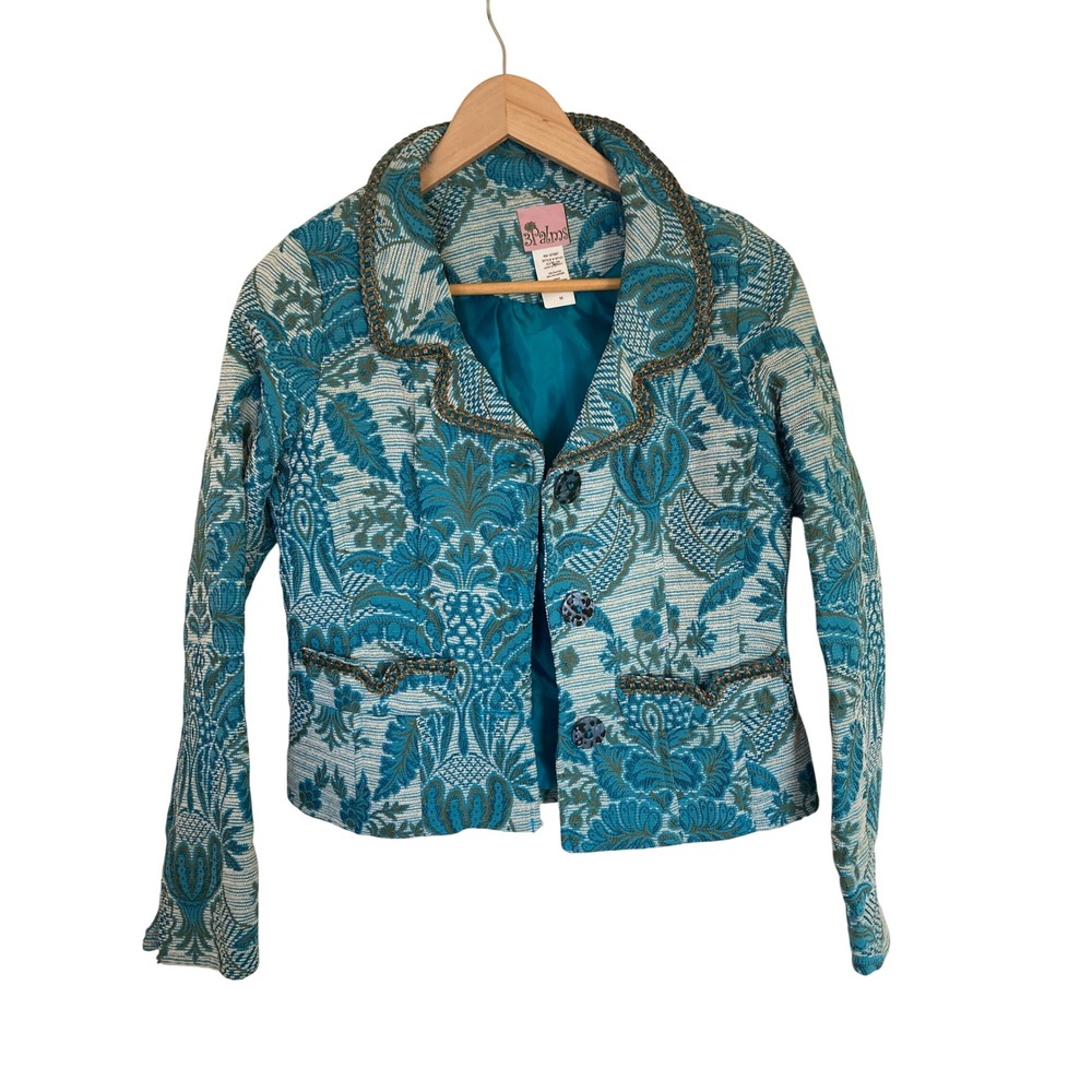 3 Palms Turquoise Floral Tapestry Jacquard Blazer Jacket Metallic Trim 3P121 M